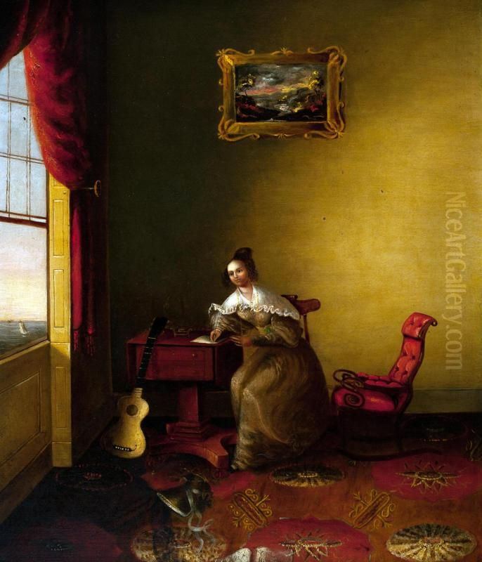 American Interior Scene with Figure Oil Painting by Amasa Hewins