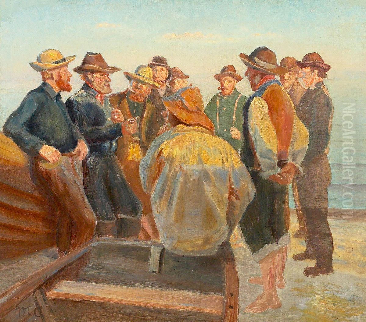 Fiskere ved stranden en stille sommeraften. Studie Oil Painting by Michael Peter Ancher