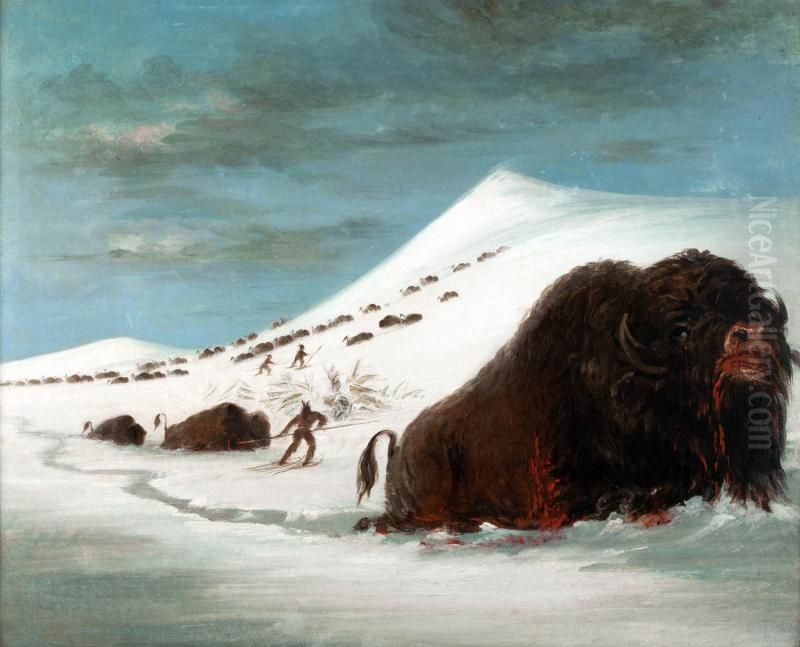 Buffalo Hunt in Snow Shoes Oil Painting by George Catlin