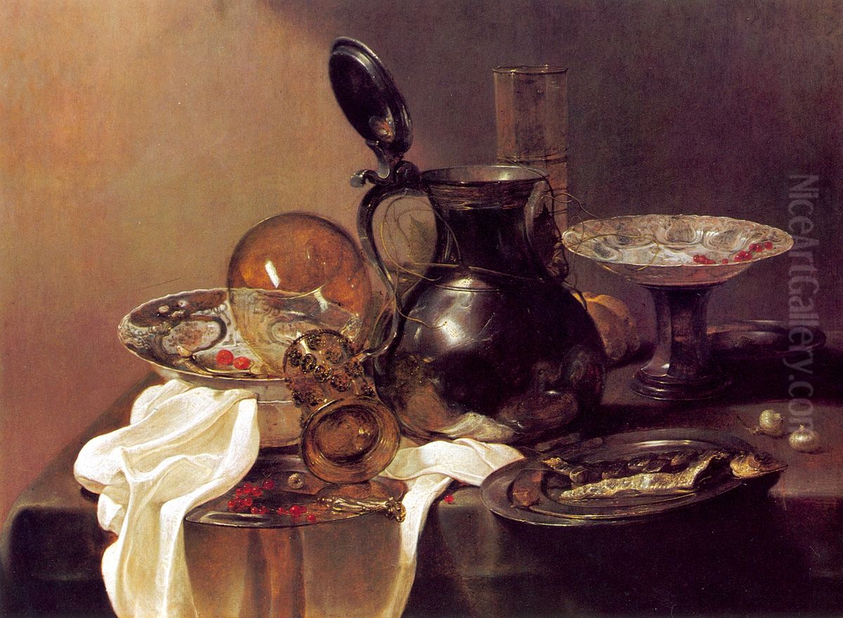 Still life with tin and porcelain tableware Oil Painting by Jan Jansz Den Uyl