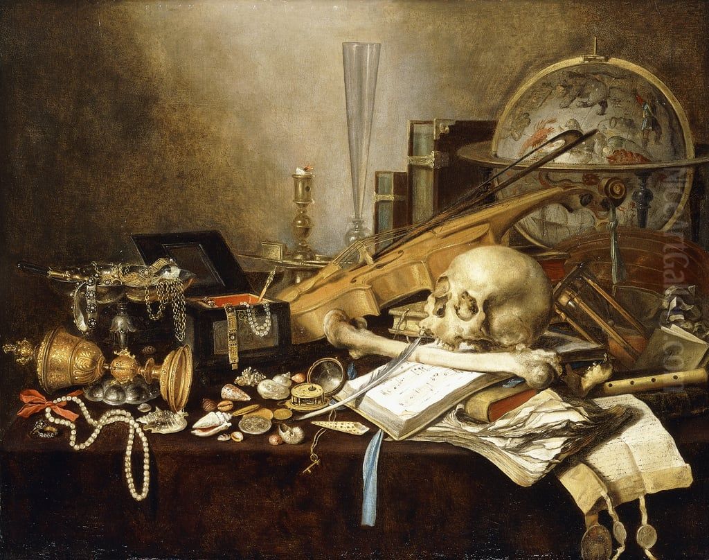 Vanitasstilleven met schedel, wereldbol, schelpen, kettingen en andere attributen Oil Painting by Pieter Claesz