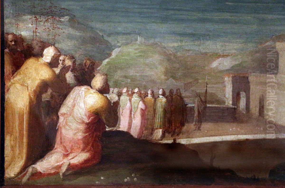 apparizione di san michele su castel sant'angelo a papa gregorio magno Oil Painting by Domenico Beccafumi