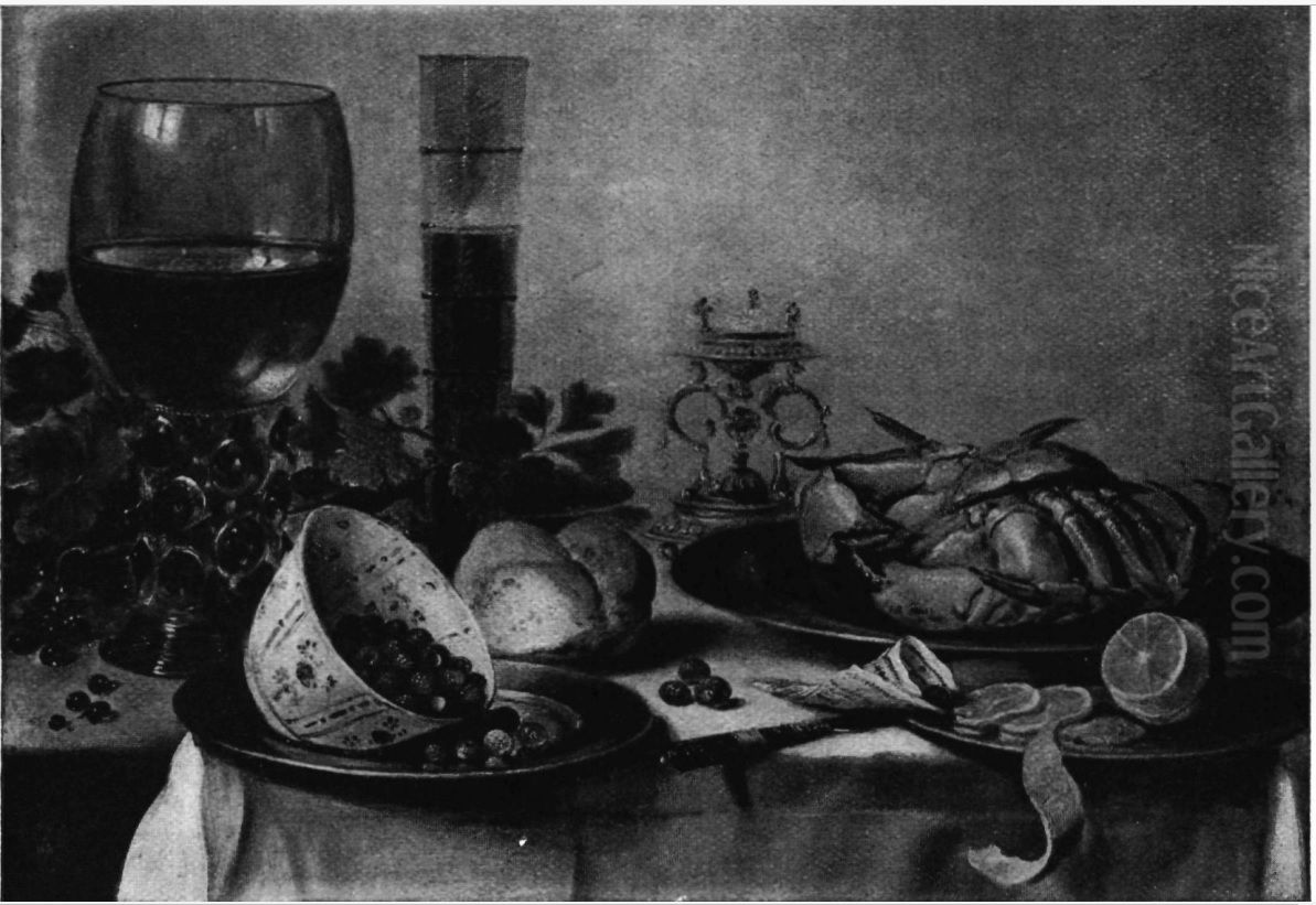 Stilleven met krab, roemer, zoutvat en porseleinen kommetje met aardbeitjes Oil Painting by Pieter Claesz