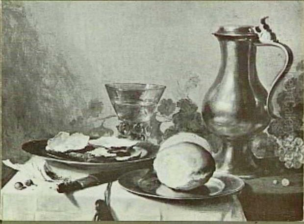 Stilleven met kan, roemer, bord met oesters en broodje Oil Painting by Pieter Claesz