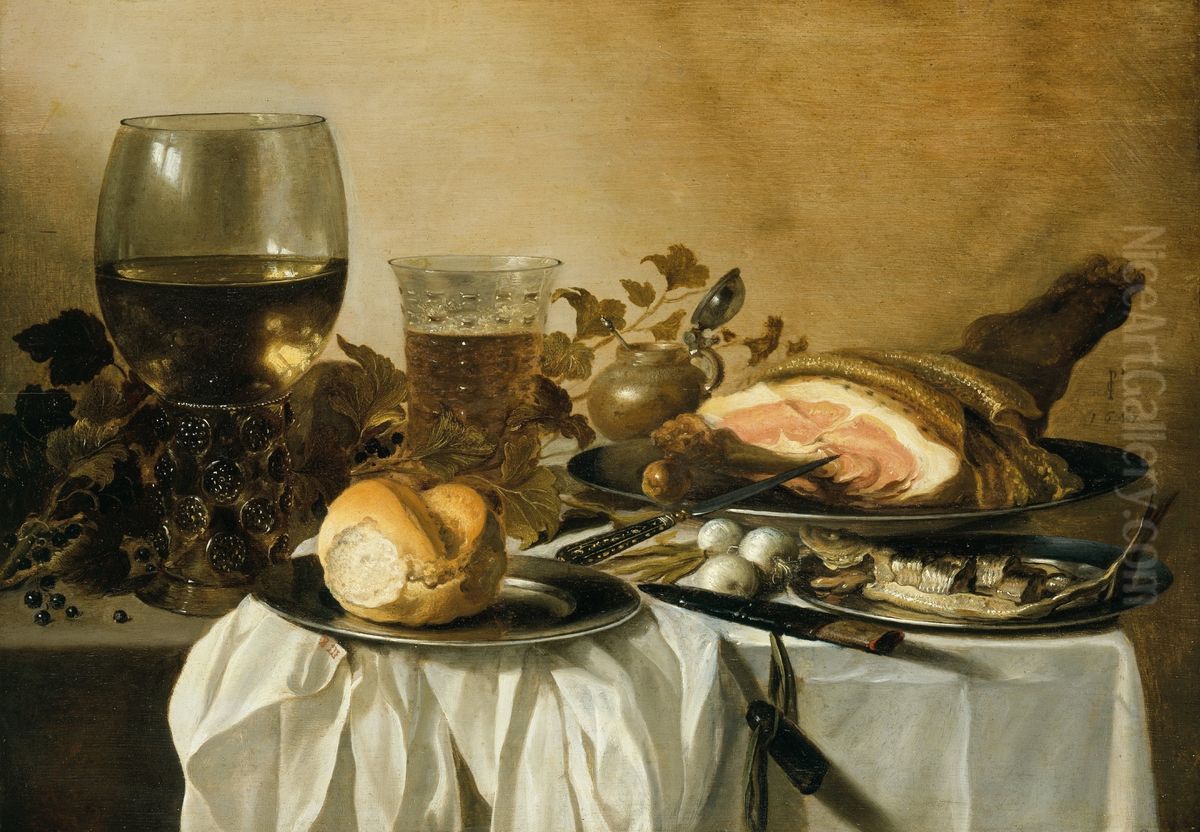 Still-life with ham, red herring and beer Oil Painting by Pieter Claesz