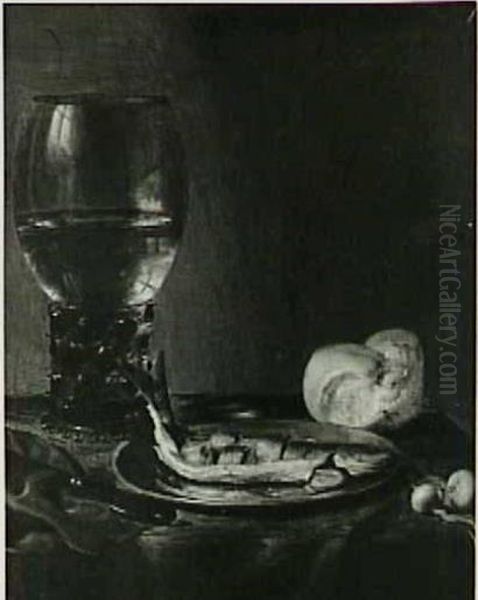 Still life with roemer, bread and herring Oil Painting by Pieter Claesz