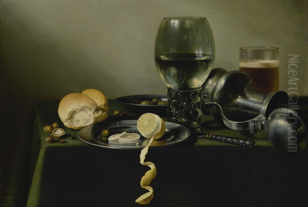 Stilleven met roemer en bierglas, geschilde citroen en brood Oil Painting by Pieter Claesz