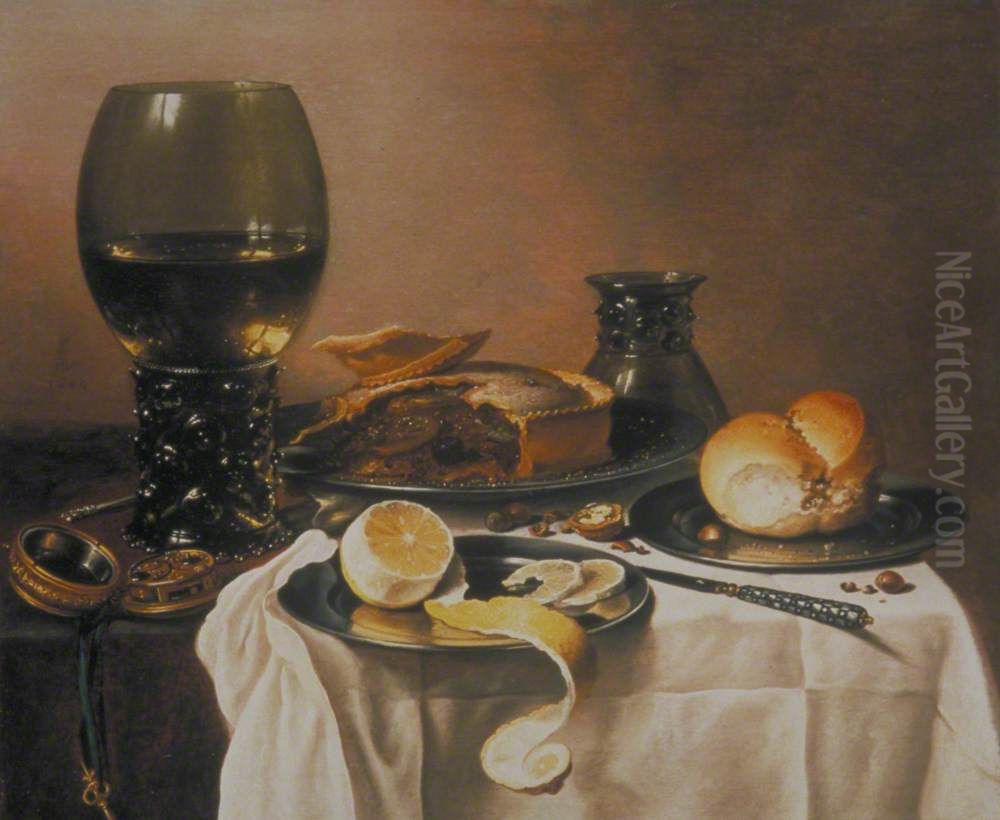 Breakfast Still Life with Roemer, Meat Pie, Lemon and Bread Oil Painting by Pieter Claesz