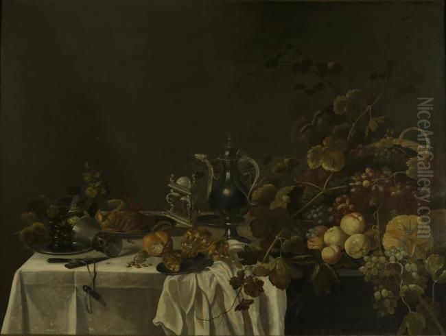 Still life with fruit, pewter pitcher, salt cellar and other tableware Oil Painting by Pieter Claesz