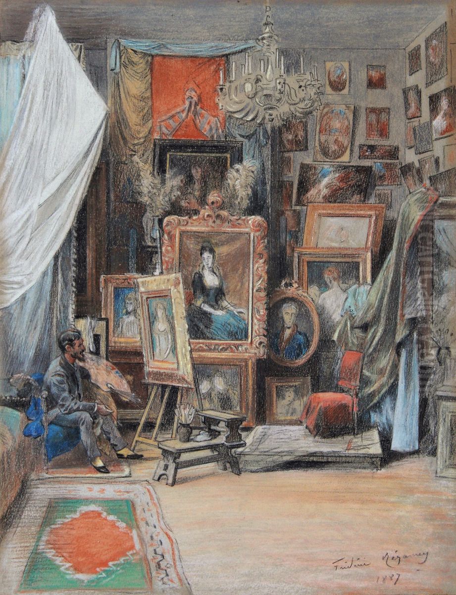 The Studio of the painter Jules Machard in 1887 Oil Painting by Frederic Regamey