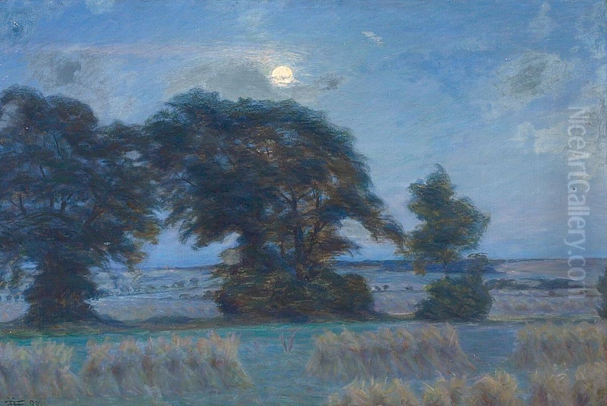 Harvest landscape in the moonlight. Oil Painting by Jens Jensen Egeberg
