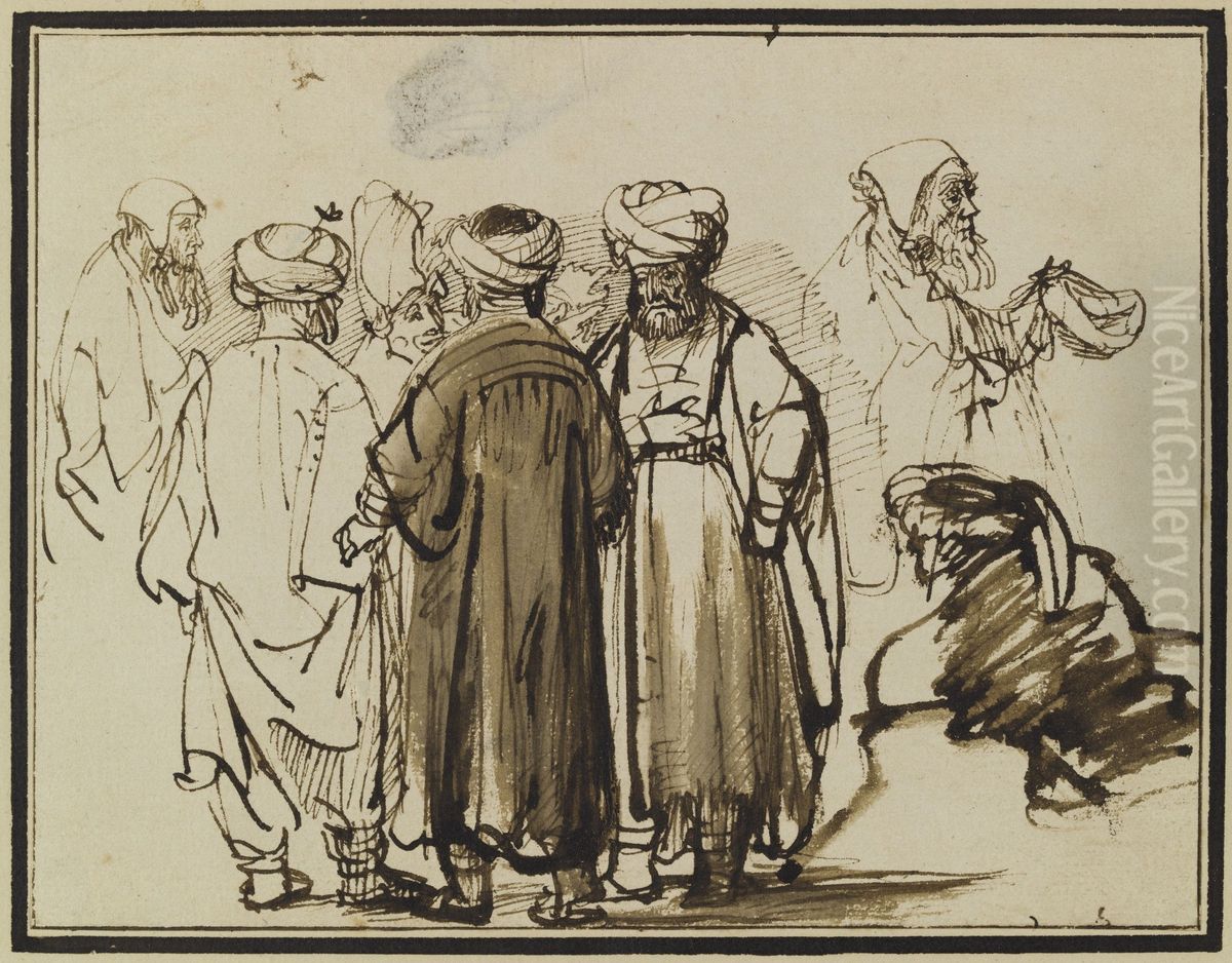 Men in oriental dress and two studies of a beggar in the half-figure. Oil Painting by Rembrandt
