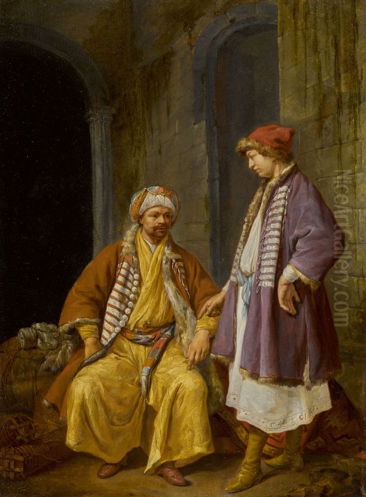 Two Levant traders in conversation Oil Painting by Jacob Toorenvliet