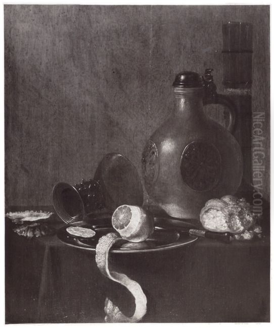 Still life with stoneware jug, passglass, lemon, knife and berkemeyer Oil Painting by Joost Ferdenandes