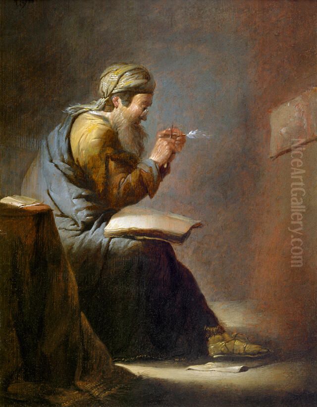 Oriental writer cutting his pen Oil Painting by Benjamin Gerritsz Cuyp