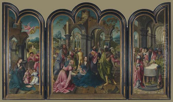 De geboorte (binnenzijde linkerluik), de aanbidding van de Wijzen (middenpaneel), de besnijdenis (binnenzijde rechterluik) Oil Painting by Master of the Antwerp Adoration