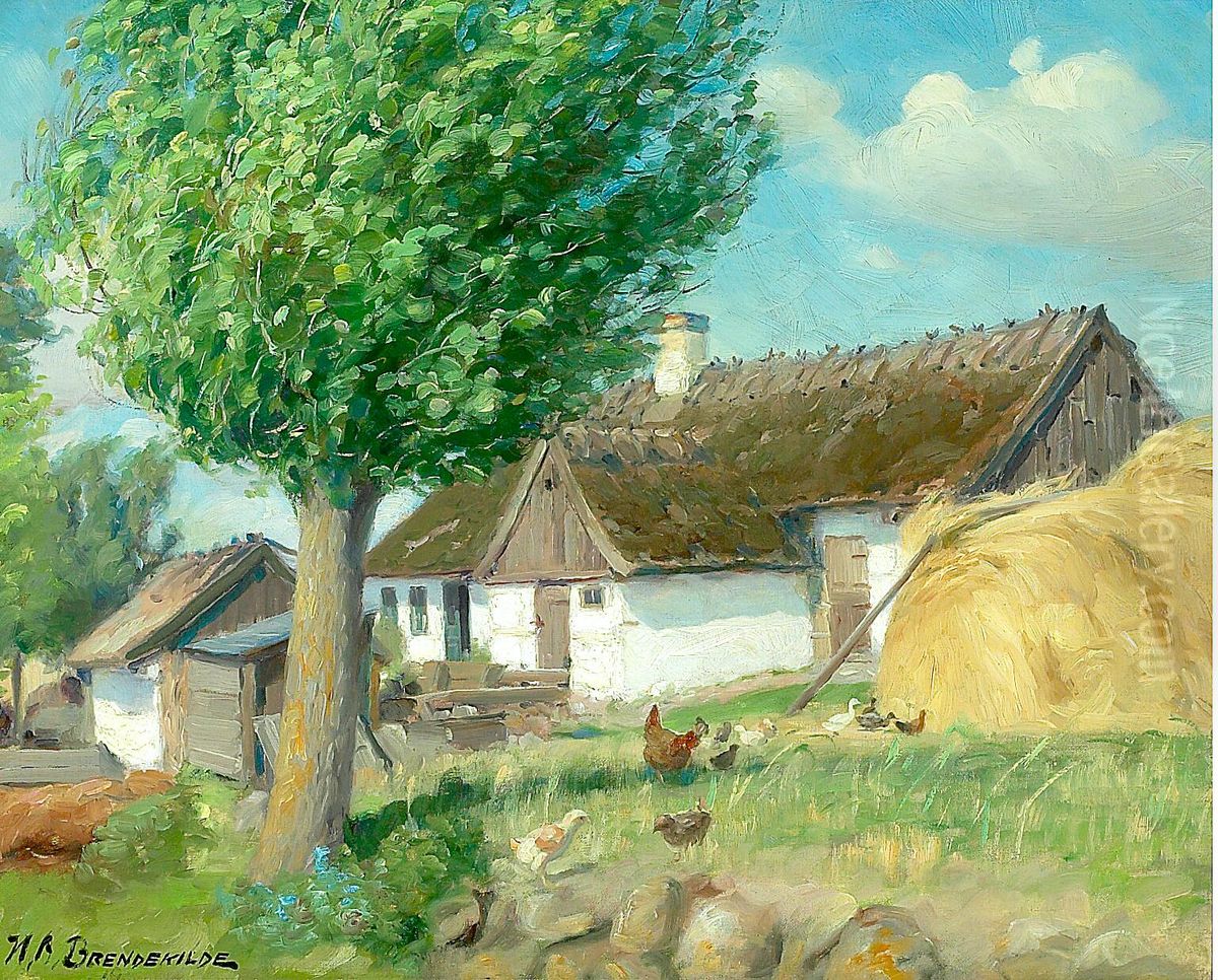 Hens in front of a thatched farmhouse. Oil Painting by H. A. Brendekilde