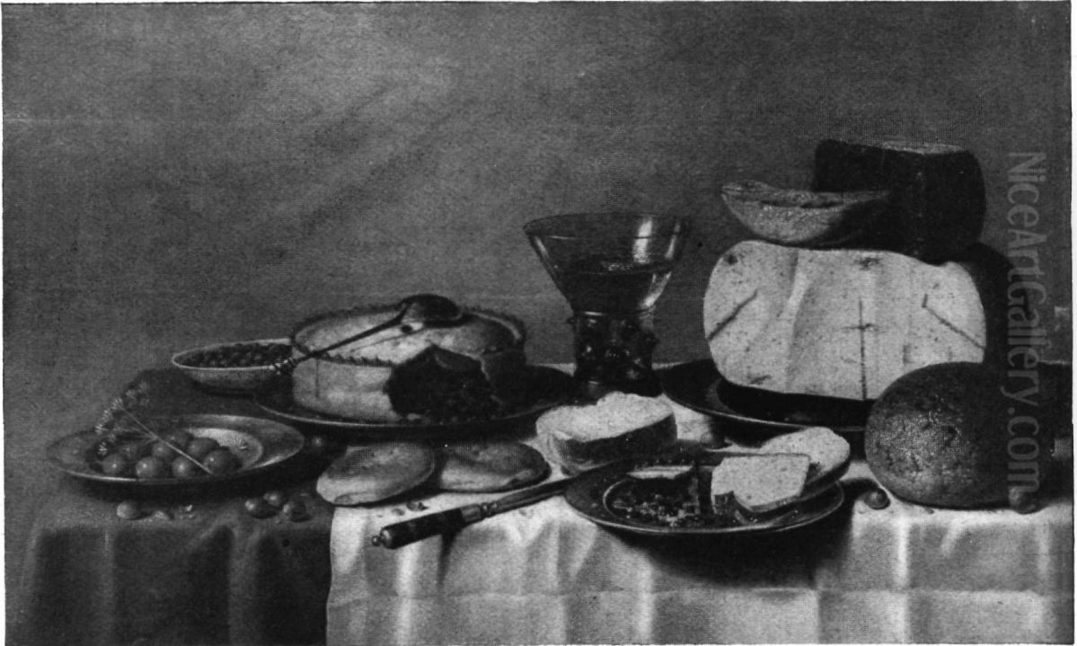 Still life of pie, cheese, bread and olives on a laid table Oil Painting by Floris van Schooten