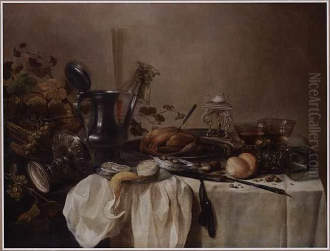 A still life with a silver tazza, a ewer, a goblet, three roemers, a roast fowl, grapes, a bread roll, olives, walnuts and a partly-peeled lemon all arranged on a table partly-draped with a with cloth Oil Painting by Pieter Claesz