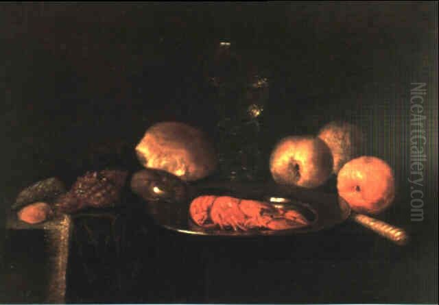 Still life with crayfish on a pewter plate, roemer, bread, shells, and oranges Oil Painting by Abraham Susenier