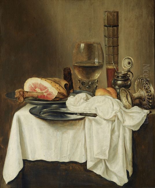 Still life with ham, a wineglass and a tazza on a draped table Oil Painting by Willem Claesz. Heda