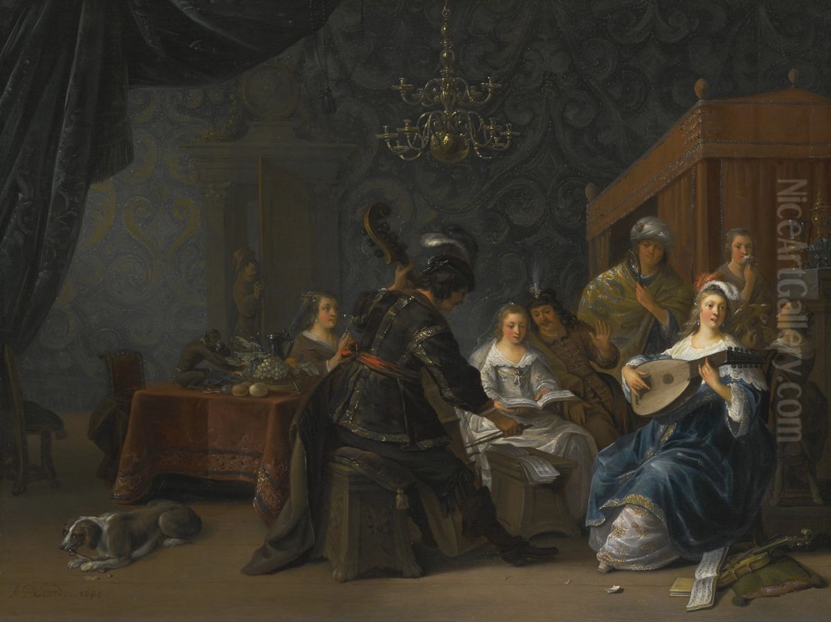 Musical party with an allegory of the five senses Oil Painting by Anthonie Palamedesz.