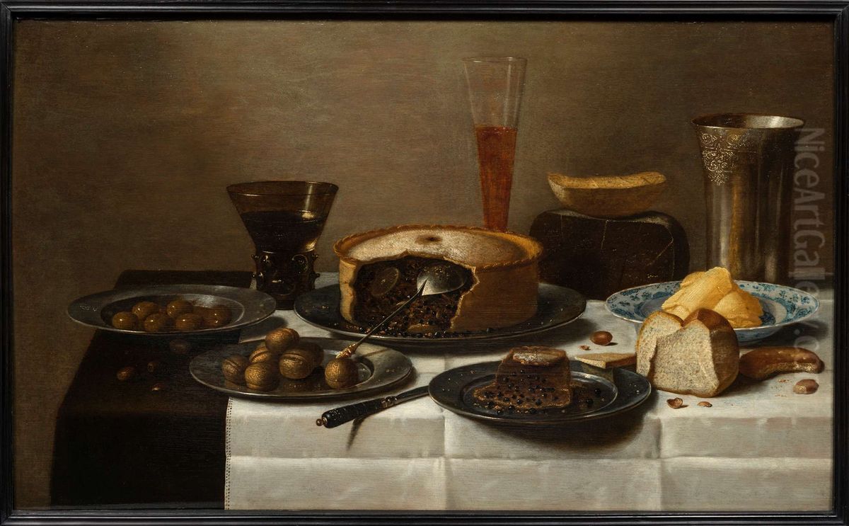 A Still-life with Bread, Cheese and a cut Pie Oil Painting by Floris van Schooten