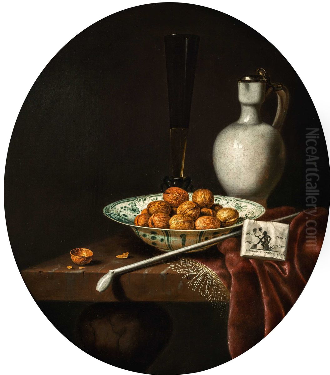 Still Life of Walnuts in a Wan-Li Porcelain Bowl, a glazed Earthenware Jug, and a Pipe and Smoking Materials on a partly draped Table Oil Painting by Hubert van Ravesteyn