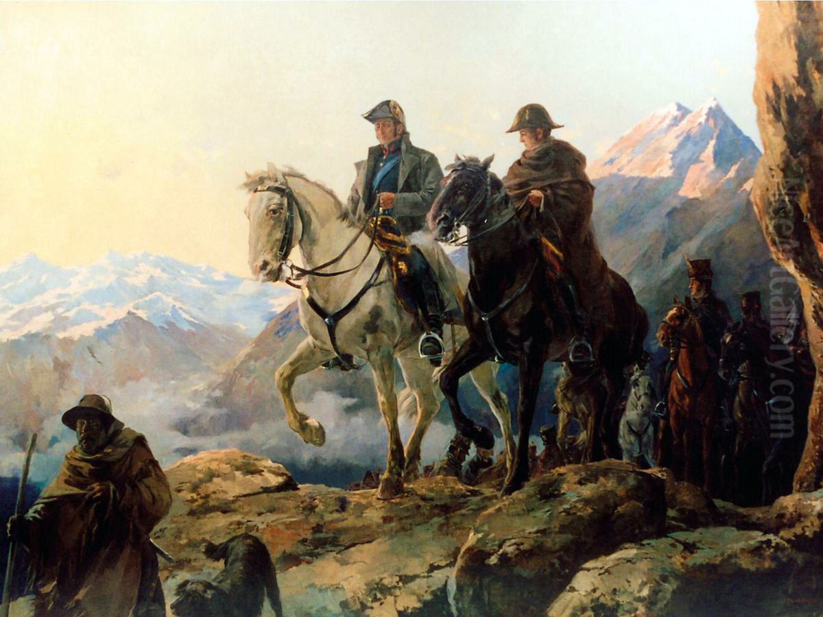 San Martin y O'Higgins pasando los Andes Oil Painting by Julio Vila y Prades