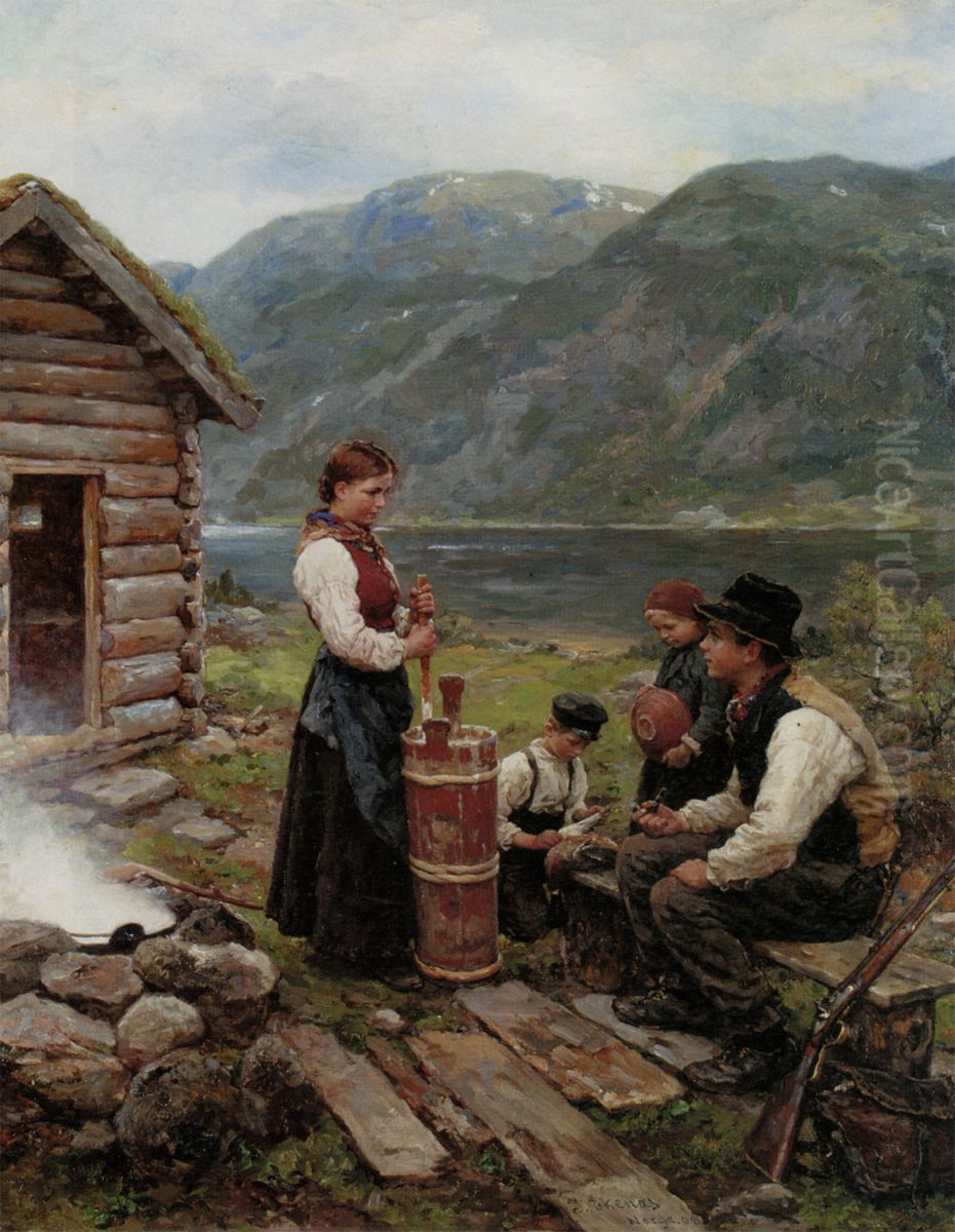 Family in a Norwegian fjord landscape Oil Painting by Jahn Ekenaes