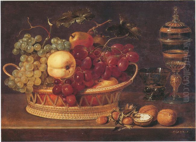 Still life of fruit in a wicker basket, with nuts and a glass goblet Oil Painting by Clara Peeters