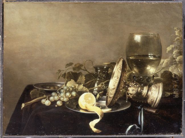 Still life with fruit and an overturned tazza before a roemer Oil Painting by Pieter Claesz