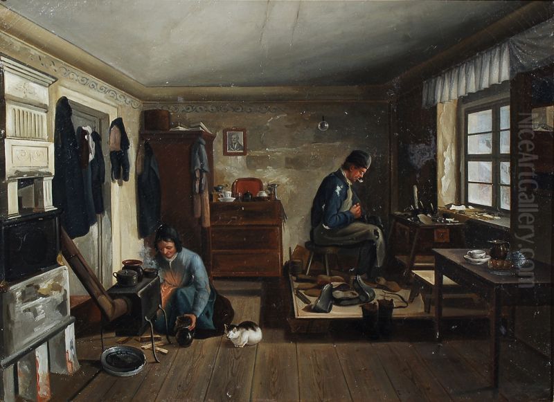 At the Shoe maker's Oil Painting by unknown
