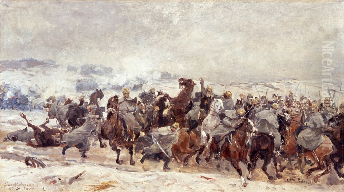De lichtensteinske husarers angreb ved Sankelmark afvises. Oil Painting by Otto Bache