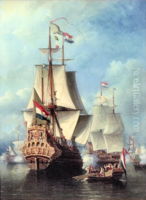 Admiral de Ruyter, Cornelis de Witt and other Admirals go on board of the Dutch  FlagshipZeven Provincienin June 1667. Oil Painting by Everhardus Koster