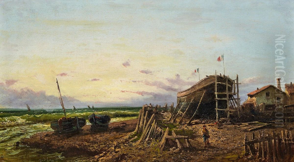 Schiffswerft an der franzosischen Kuste. Oil Painting by Alfred Godchaux