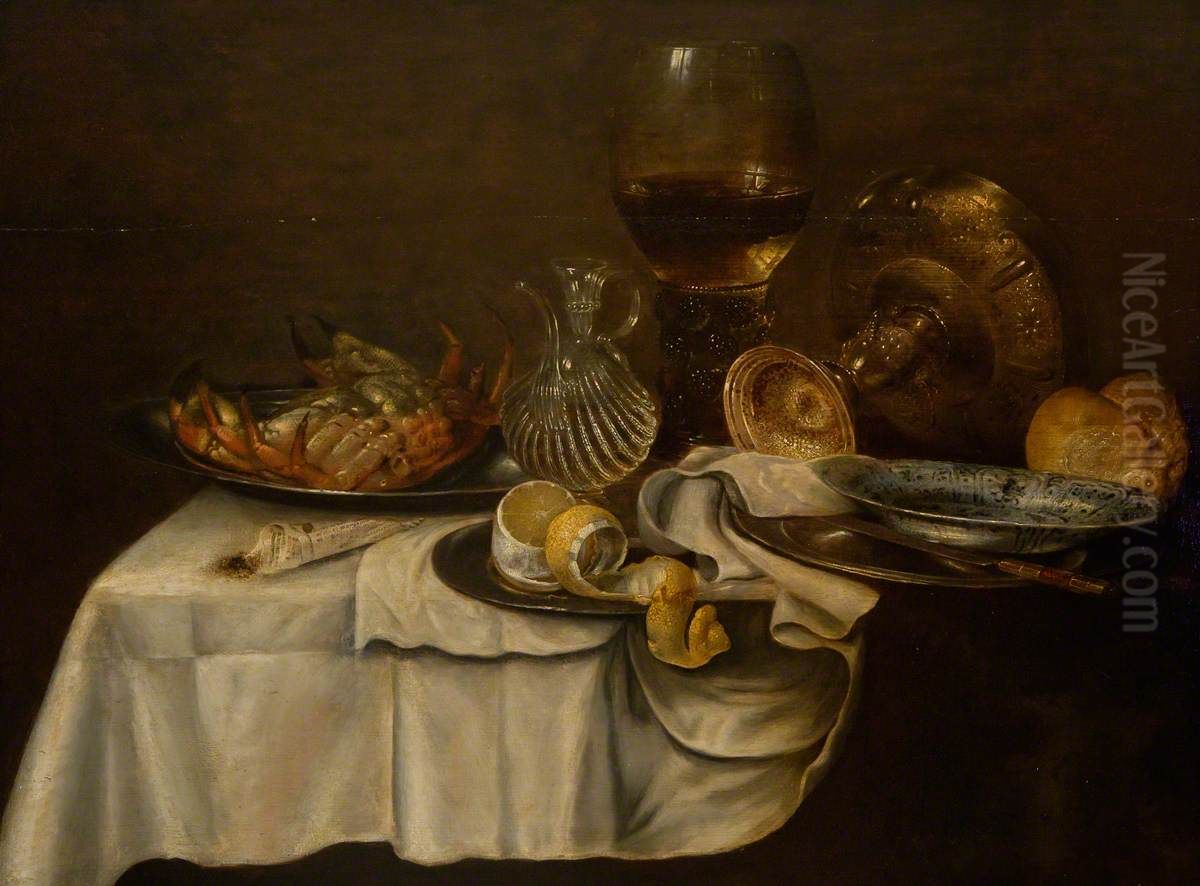 Still life with crab bread and lemon, with roemer, perfume bottle and pewter plates Oil Painting by Pieter Claesz