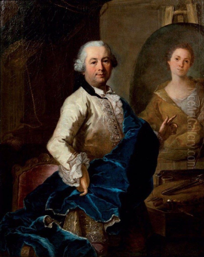 Self-portrait with a portrait of his wife Oil Painting by Joachim Rupalley