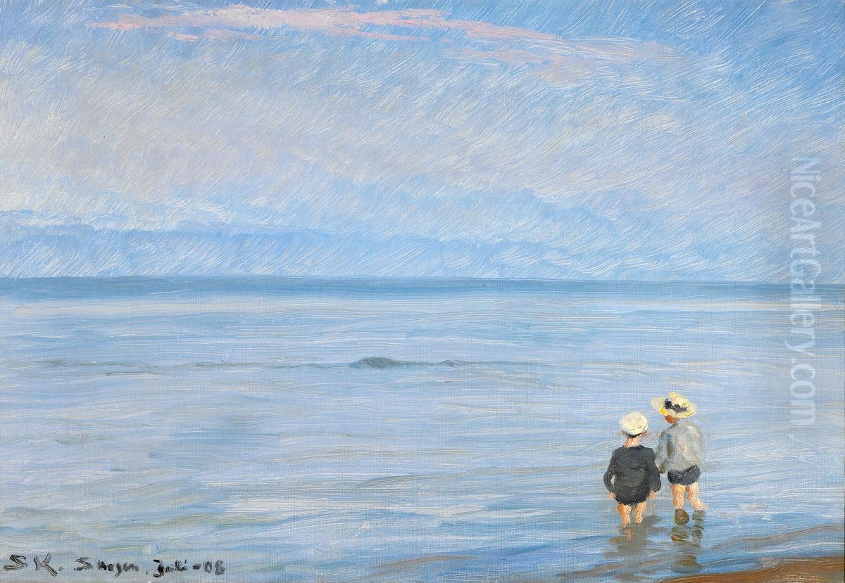 Den bla time, l'heure bleu. Aftenstemning ved Skagen Strand med to soppende born. Oil Painting by Peder Severin Kroyer