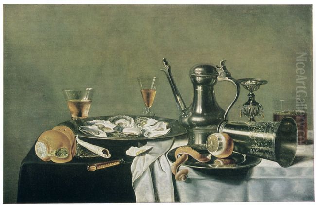 Stilleven met oesters, drinkgerei en metaalgoed Oil Painting by Pieter Van Berendrecht