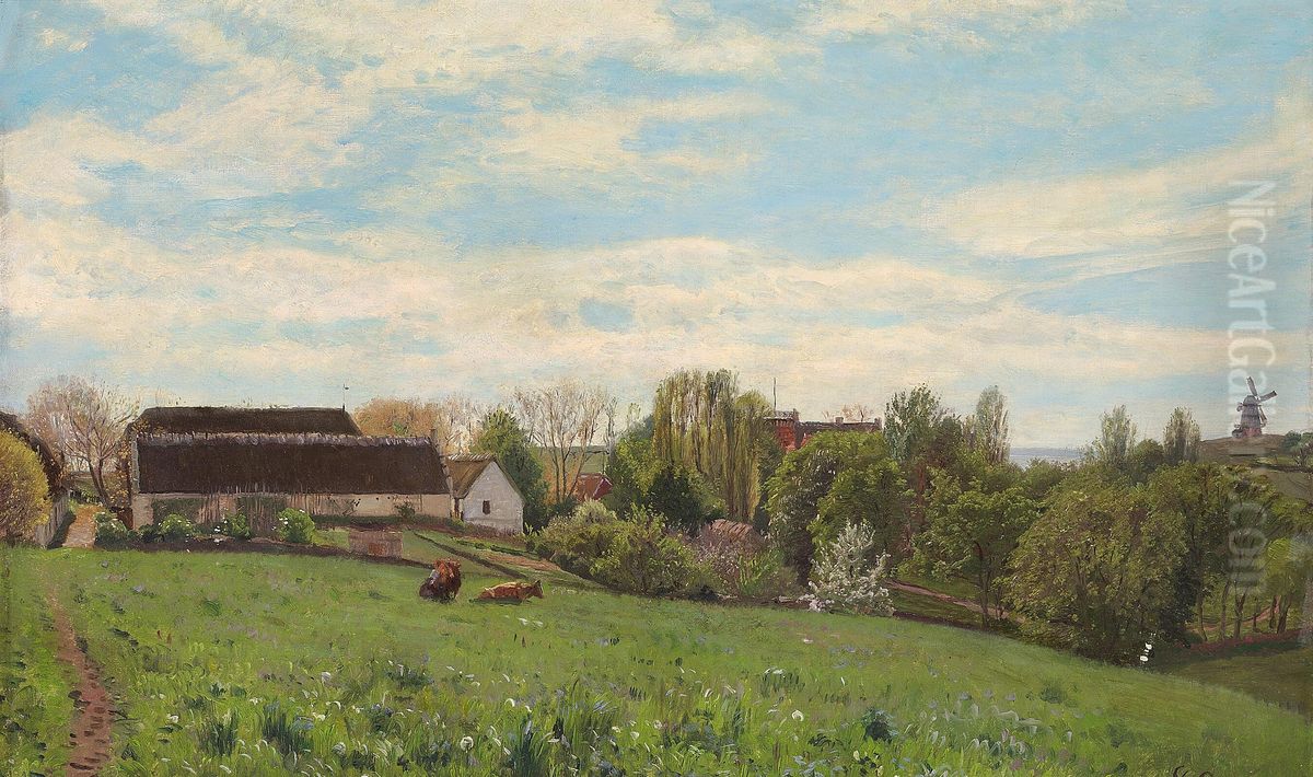 Landscape with a farm and a mill on a hill. Oil Painting by Godfred B.W. Christensen