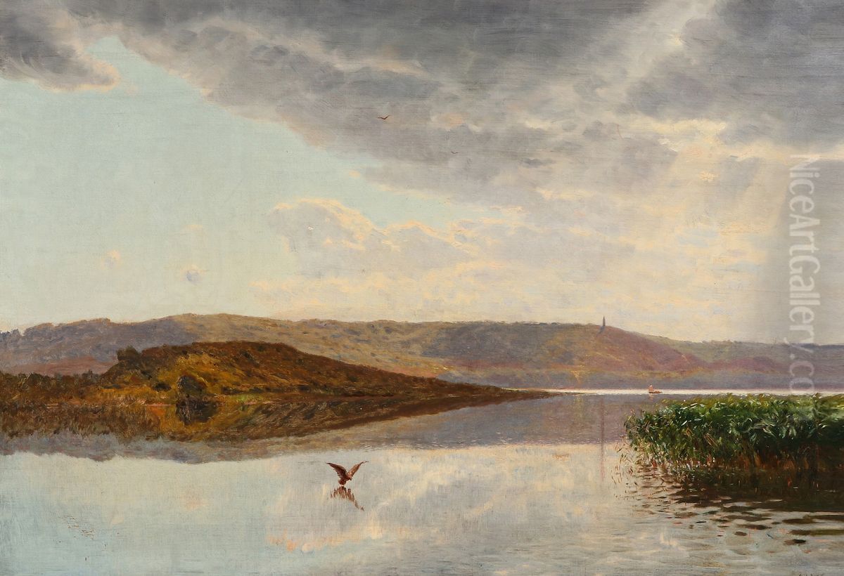 A landscape with a view of Himmelbjerget. Oil Painting by Godfred B.W. Christensen