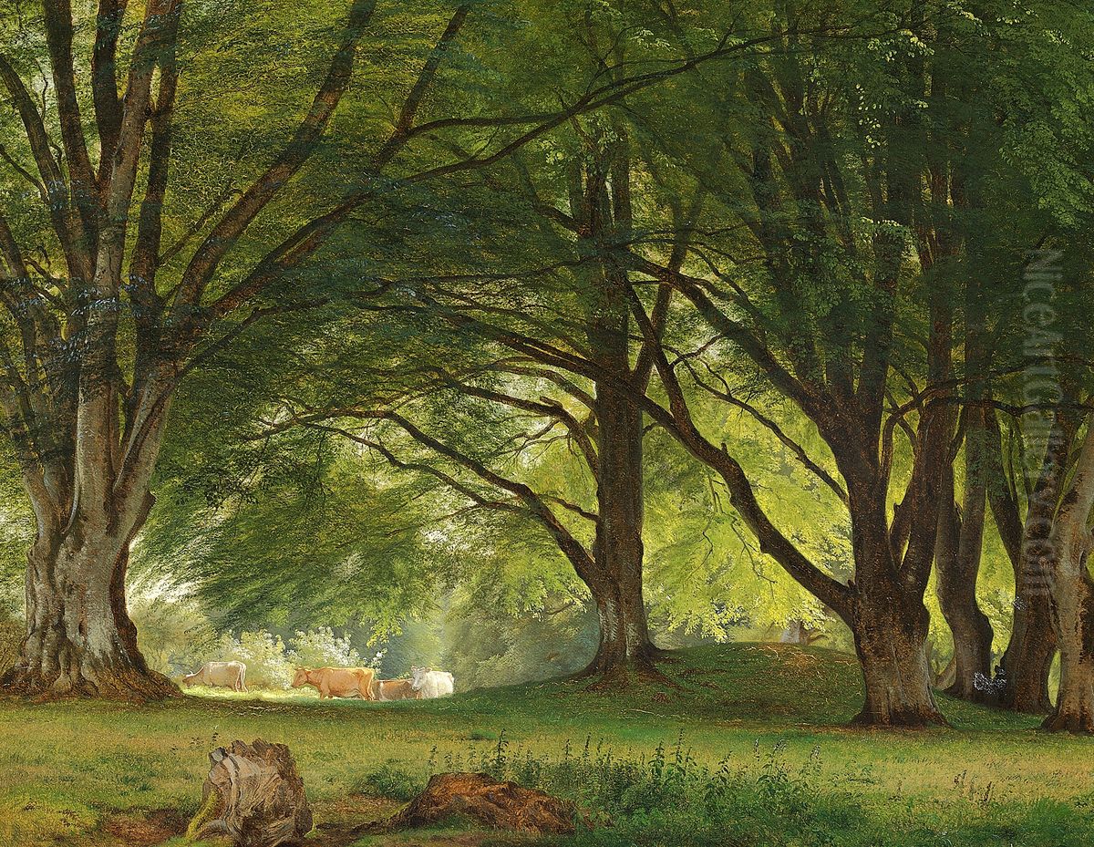 Cows in a glade at the edge of a forest. Oil Painting by Godtfred Rump