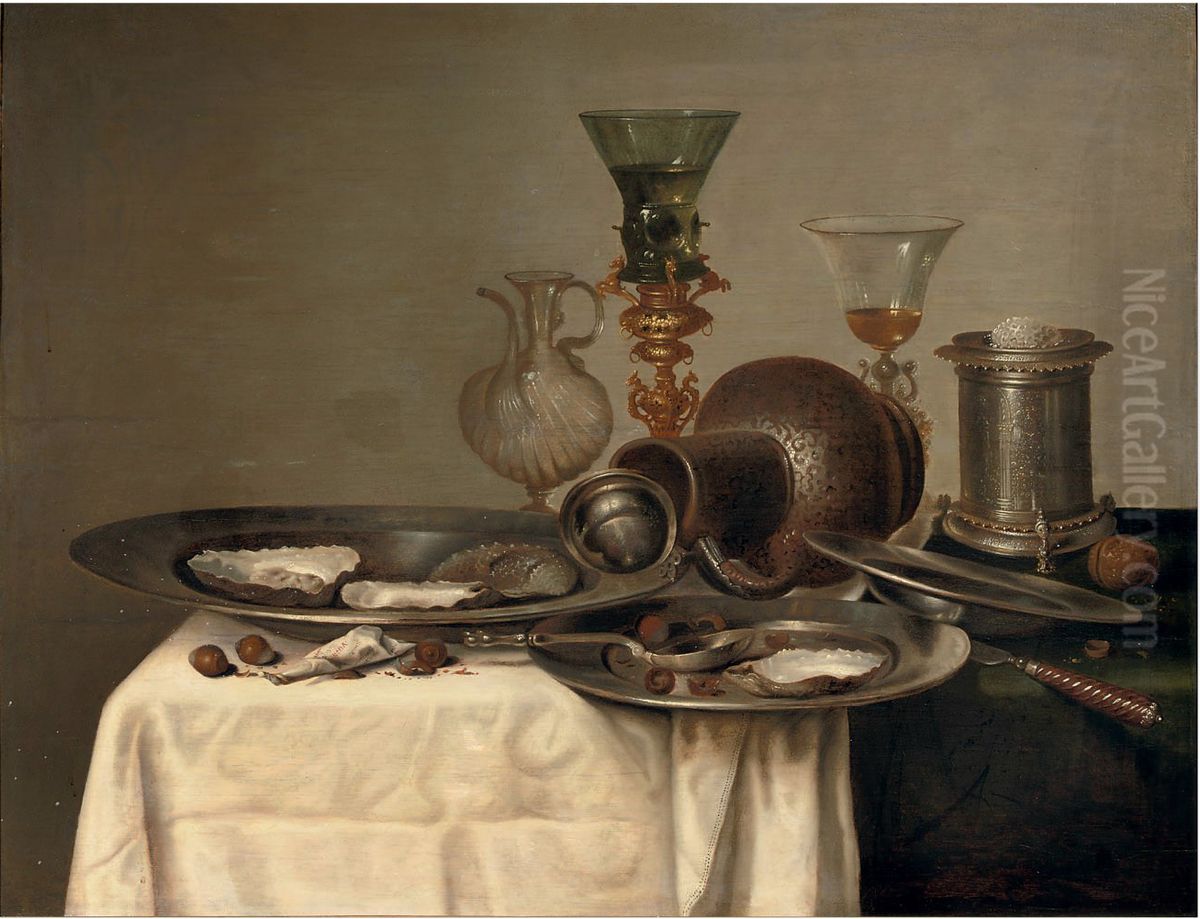 Still life with glasses, a stone jug, oysters and a saltcellar Oil Painting by Cornelis Mahu