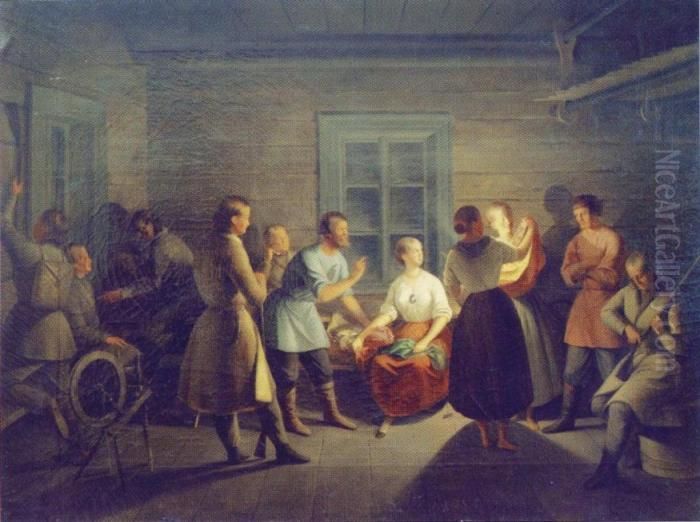 Kohtaus Hirvenhiihtajista Oil Painting by Berndt Godenhjelm