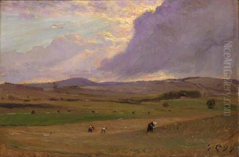 Harvesting at sunset. Oil Painting by Godfred B.W. Christensen