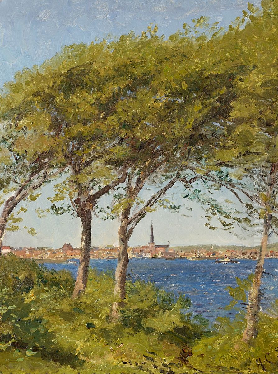 View of Helsingborg, Sweden, from the coast of Zealand. Oil Painting by Godfred B.W. Christensen