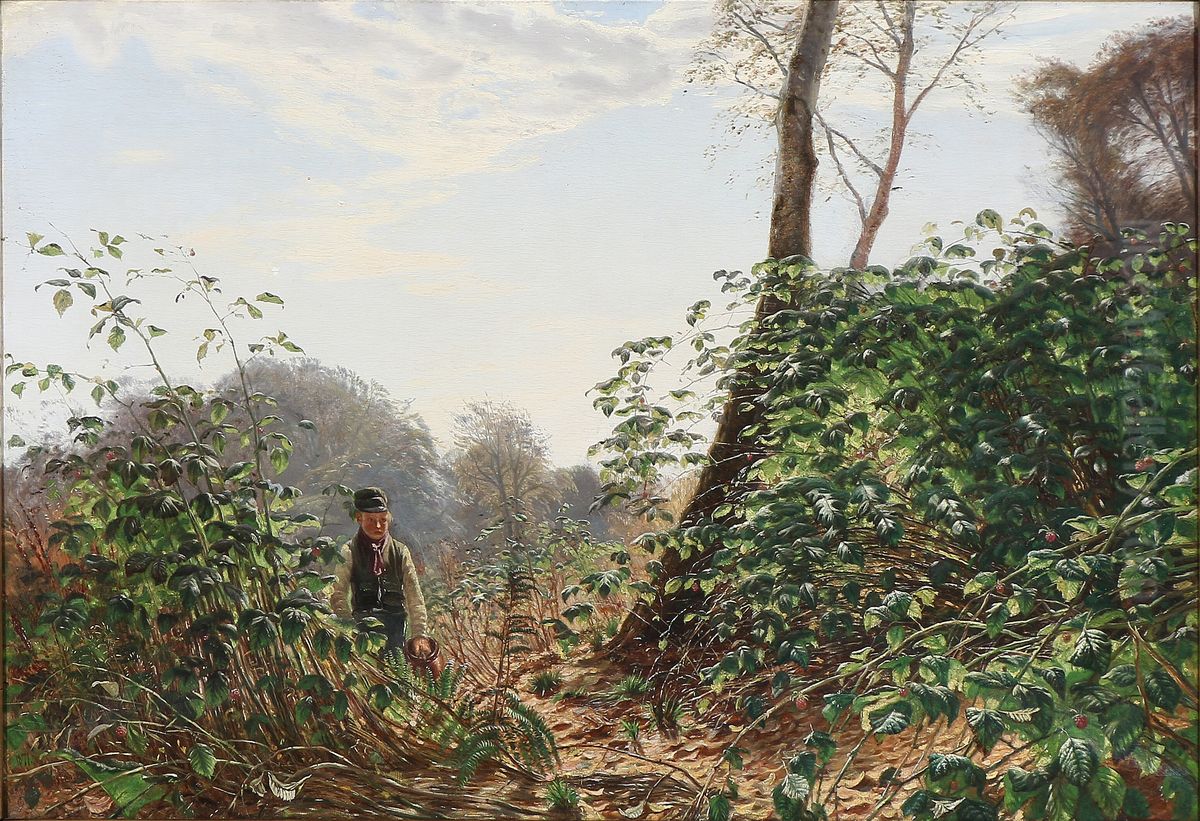 A boy going in to a rasberry bush Oil Painting by Godfred B.W. Christensen