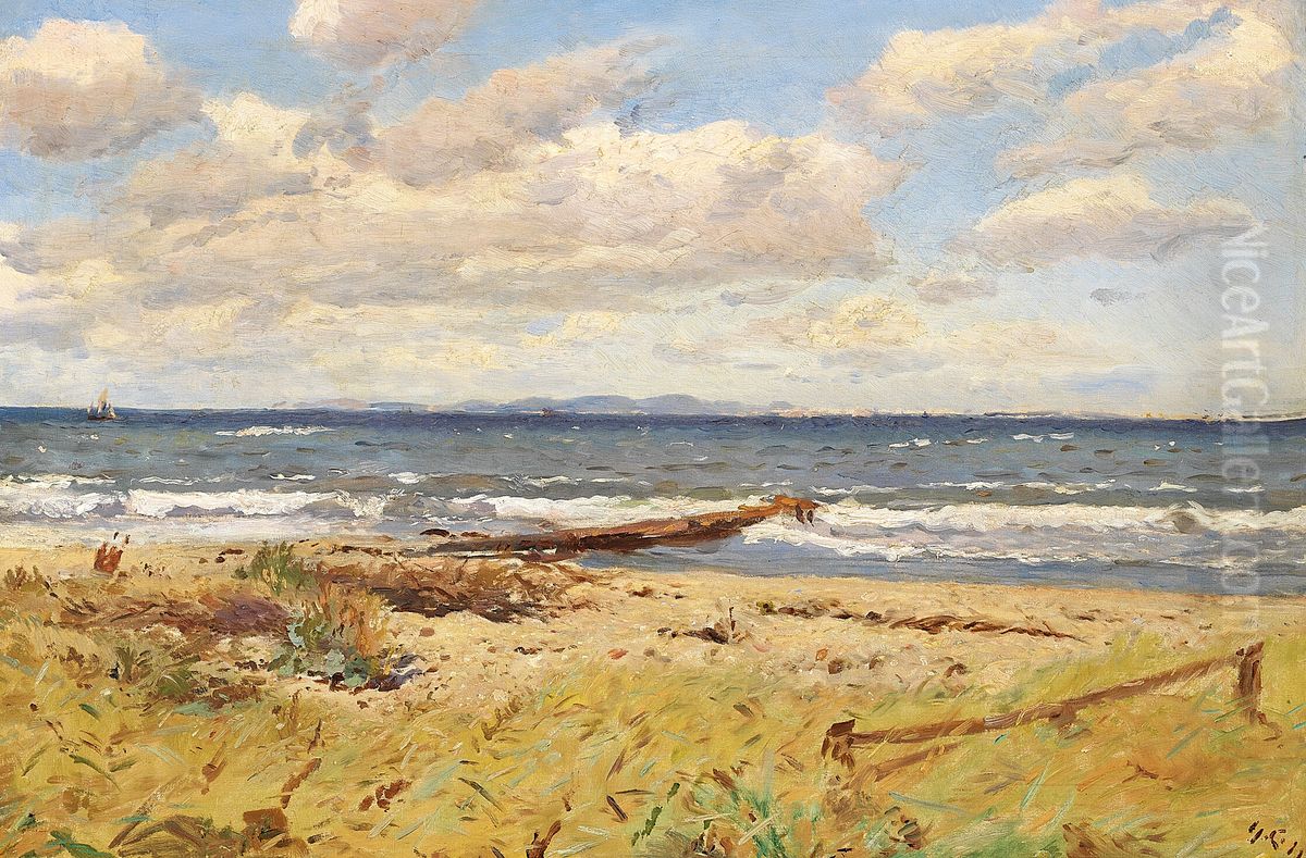 View from the beach at Hornbaek, with Kullen in Sweden in the distance. Oil Painting by Godfred B.W. Christensen
