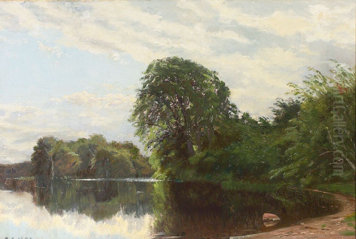 Summer at a pond in a forest. Oil Painting by Godfred B.W. Christensen